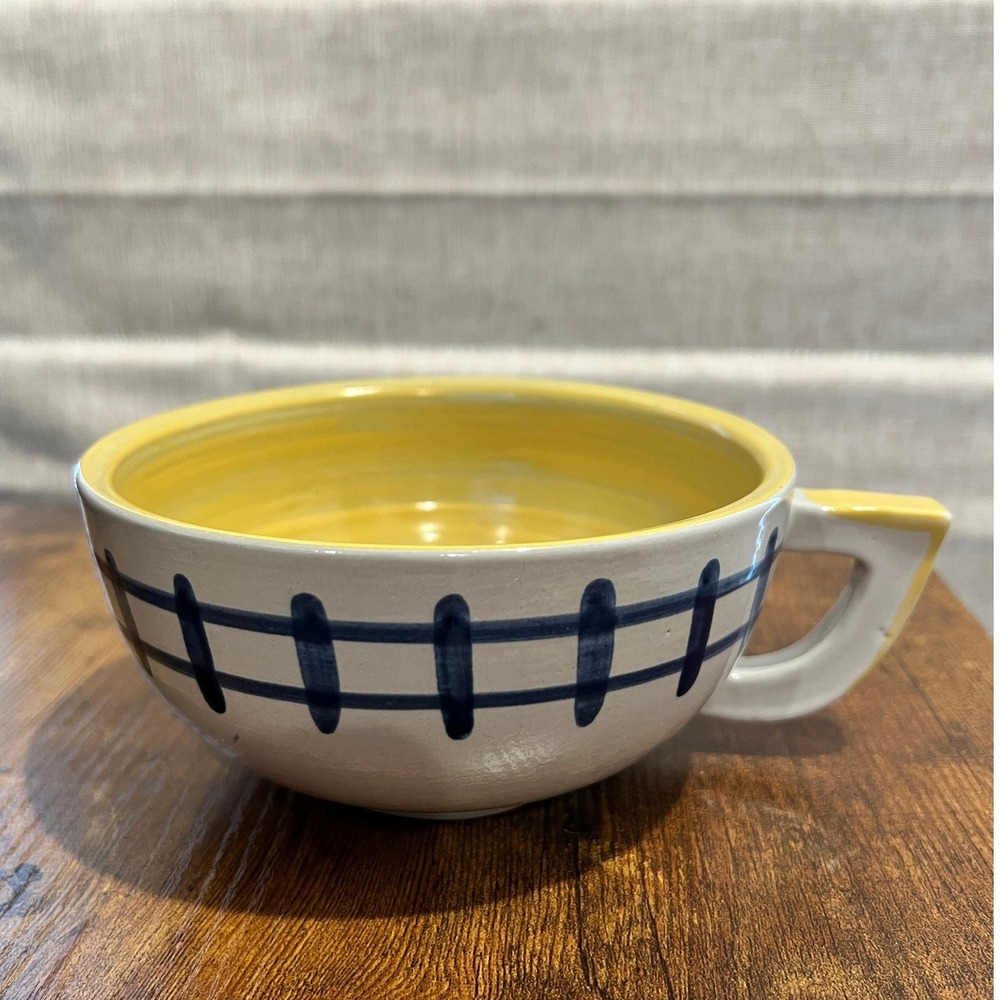 Louisville Stoneware Soup Mug Bowl Yellow Blue Plaid Floral Farmhouse